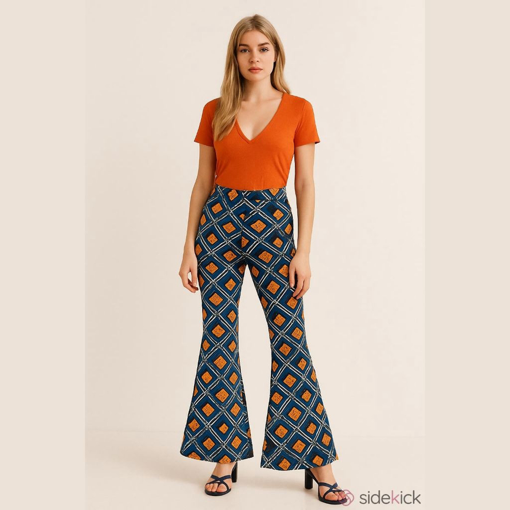 Women's ZARA Navy Flare Mod Retro Pants With Multicolor Geometric Pattern S